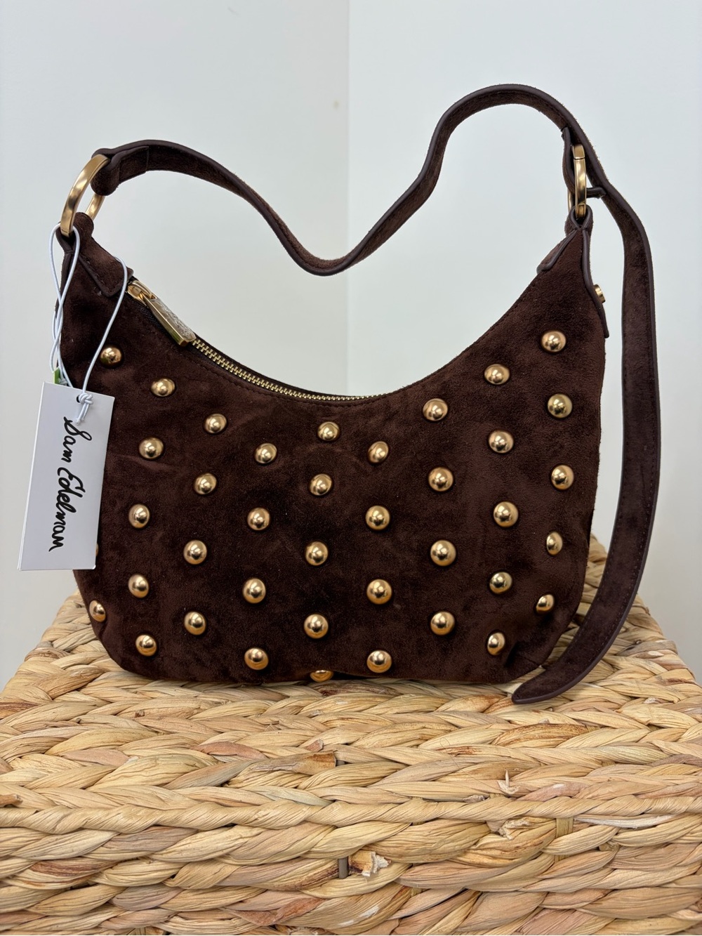 Sam Edelman Chocolate Brown Suede Studded Shoulder Bag